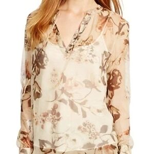 Ralph Lauren Cream Sheer Floral Chiffon Blouse with Brown Print